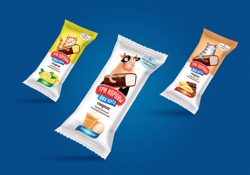 Unibe упаковал новые глазированные сырки "Три Коровы Два Кота"